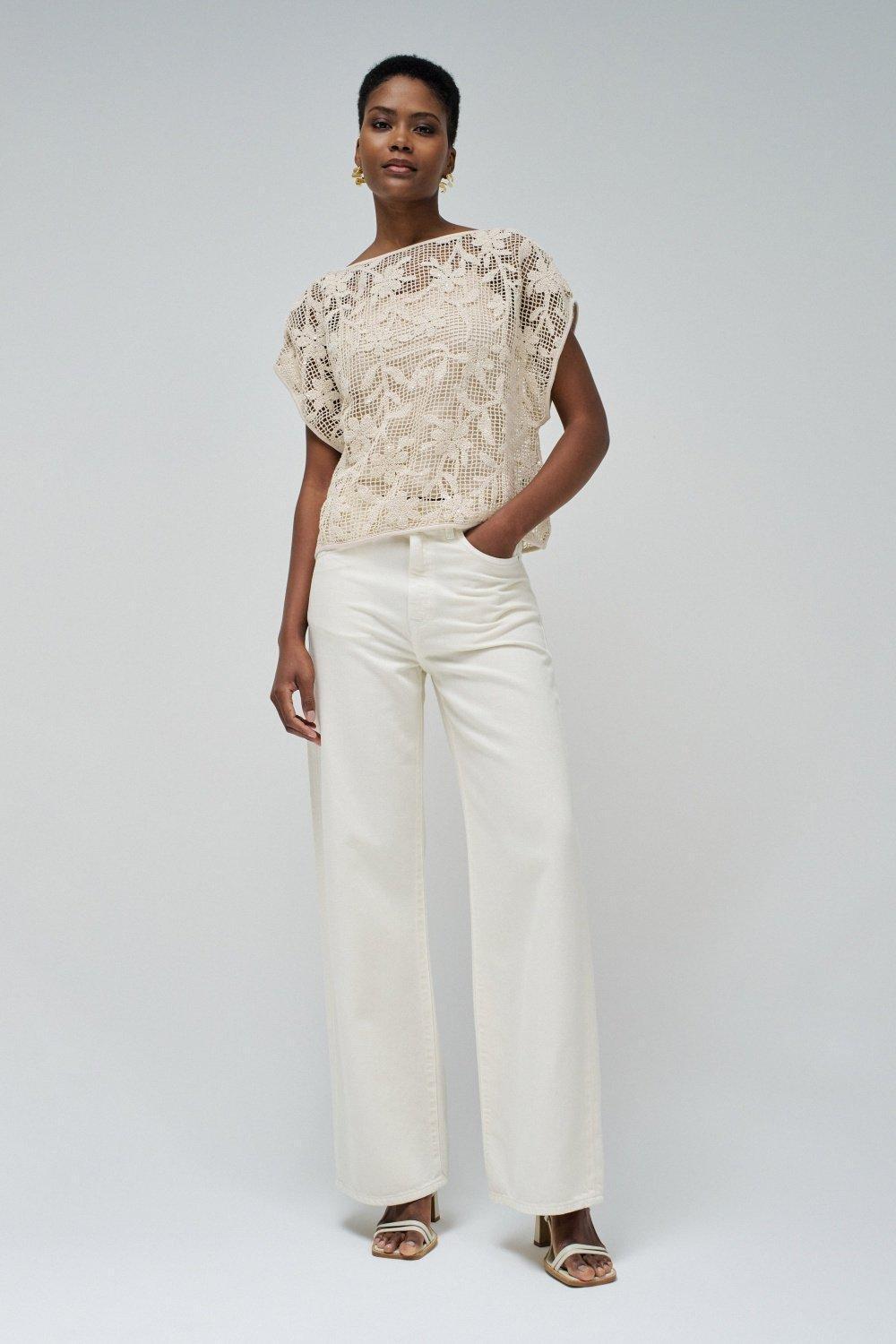 T-Shirt With Floral Crochet Effect&nbsp;, Pearl, large image number 1