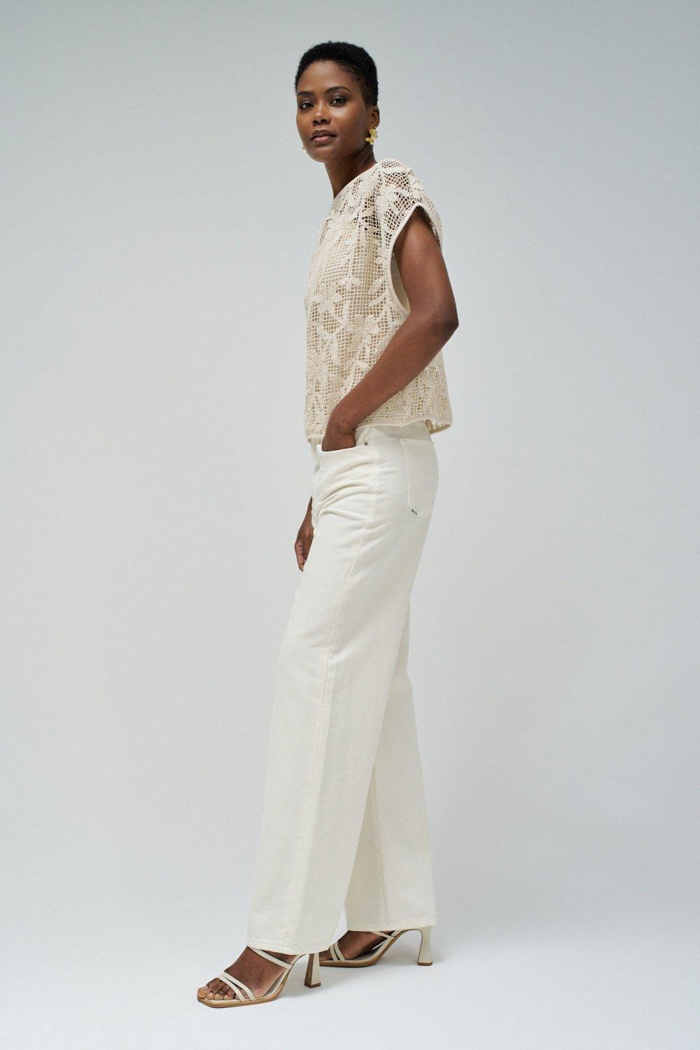 T-Shirt With Floral Crochet Effect&nbsp;, Pearl, medium