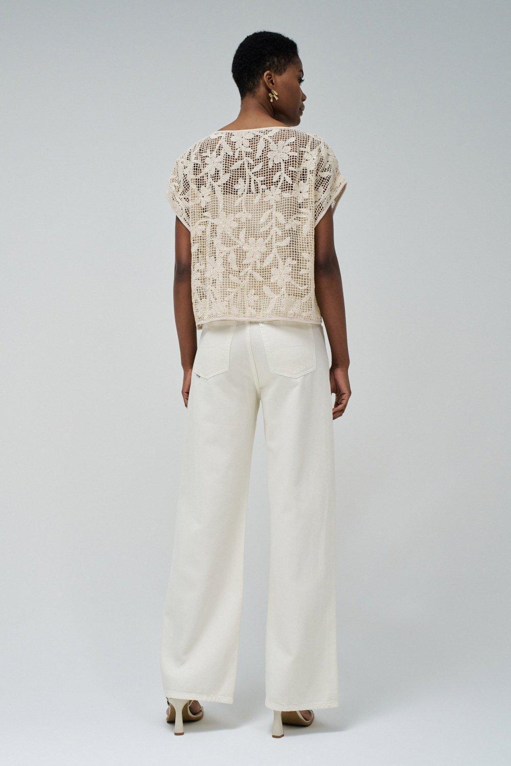 T-Shirt With Floral Crochet Effect&nbsp;, Pearl, large image number 3