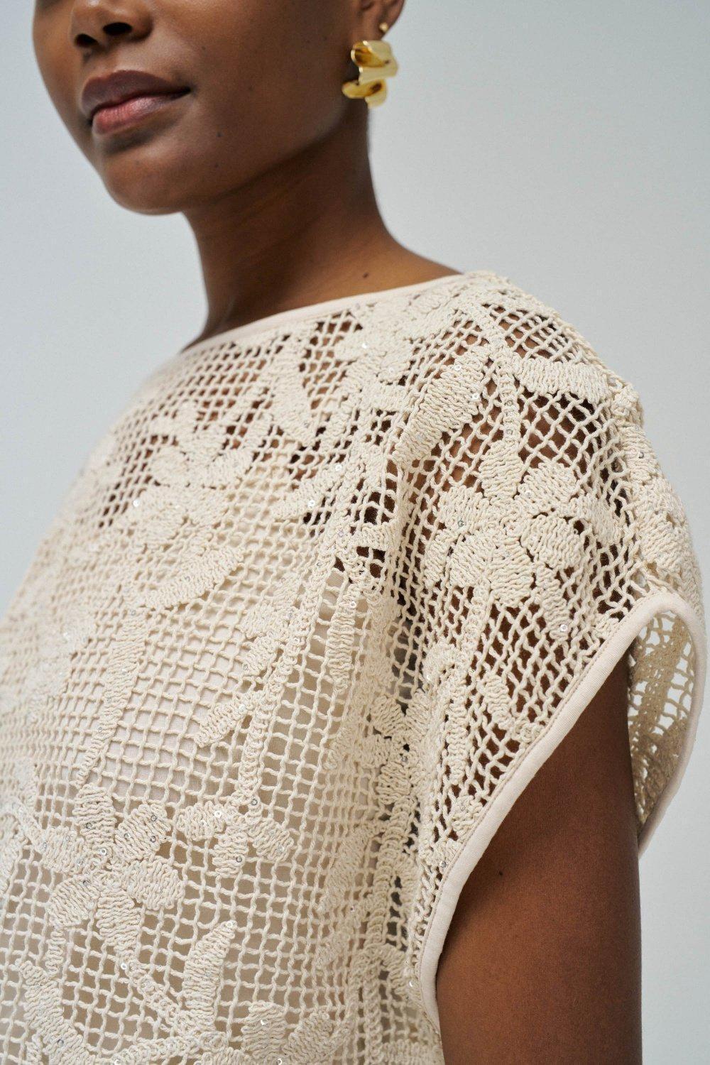 T-Shirt With Floral Crochet Effect&nbsp;, Pearl, large image number 4