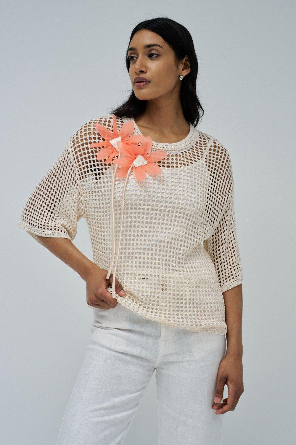 Cream Crochet Tunic Top, , medium