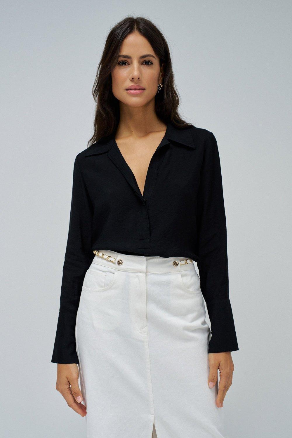 Black Plain Button Down Blouse, , medium
