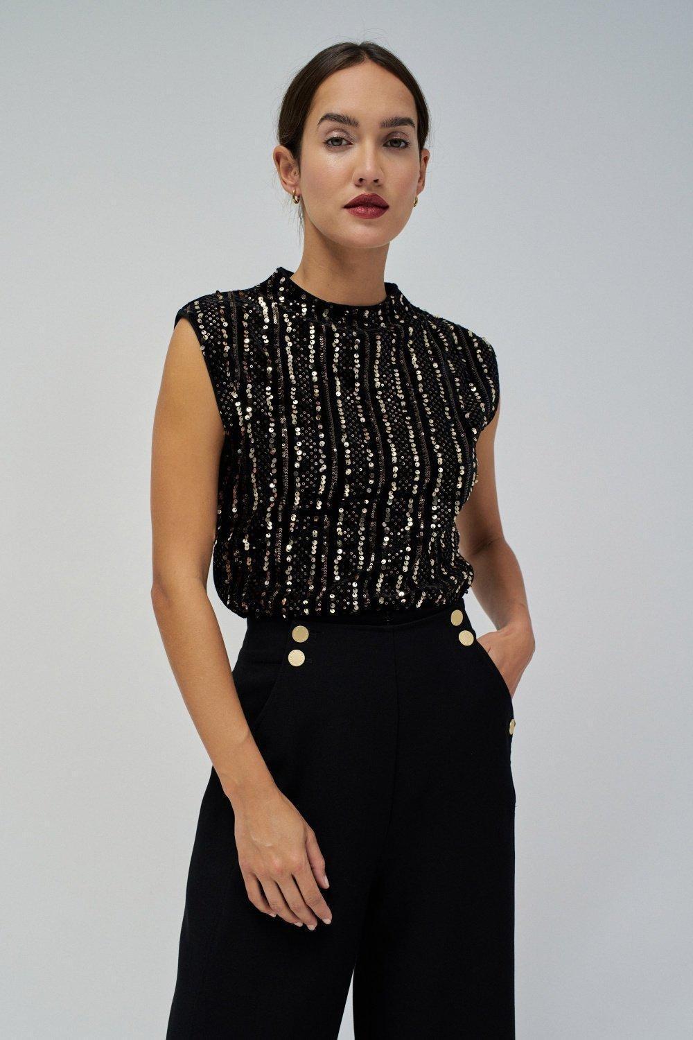 Velvet Top With Gold Sequins, Black, large image number 0