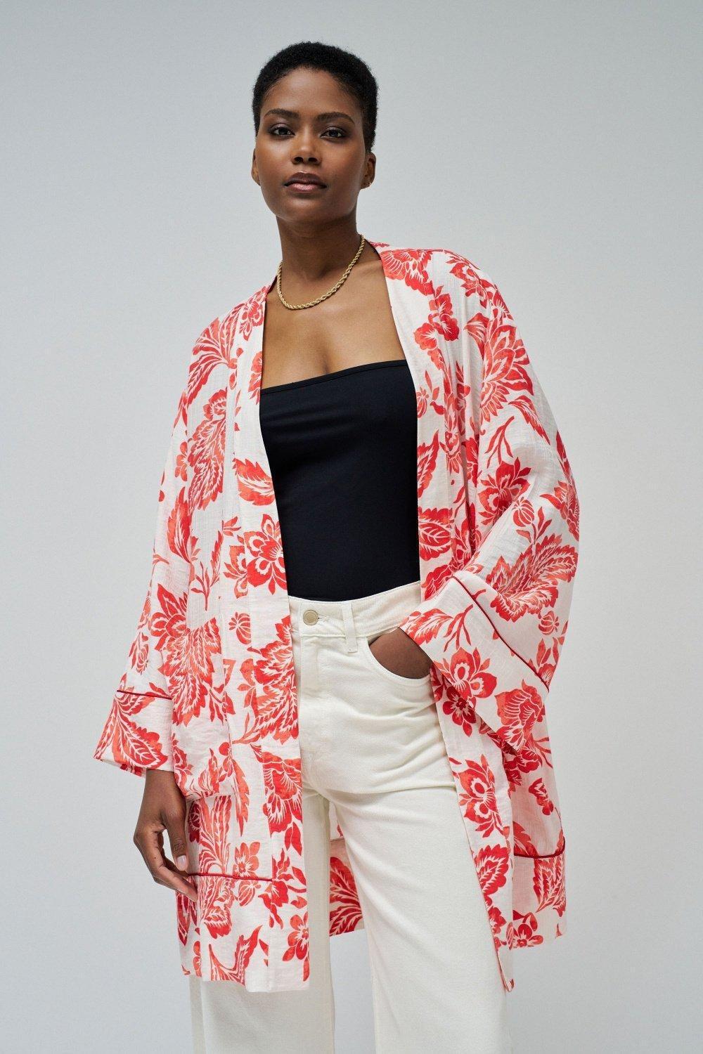 Red Floral Vacation Kimono, , medium
