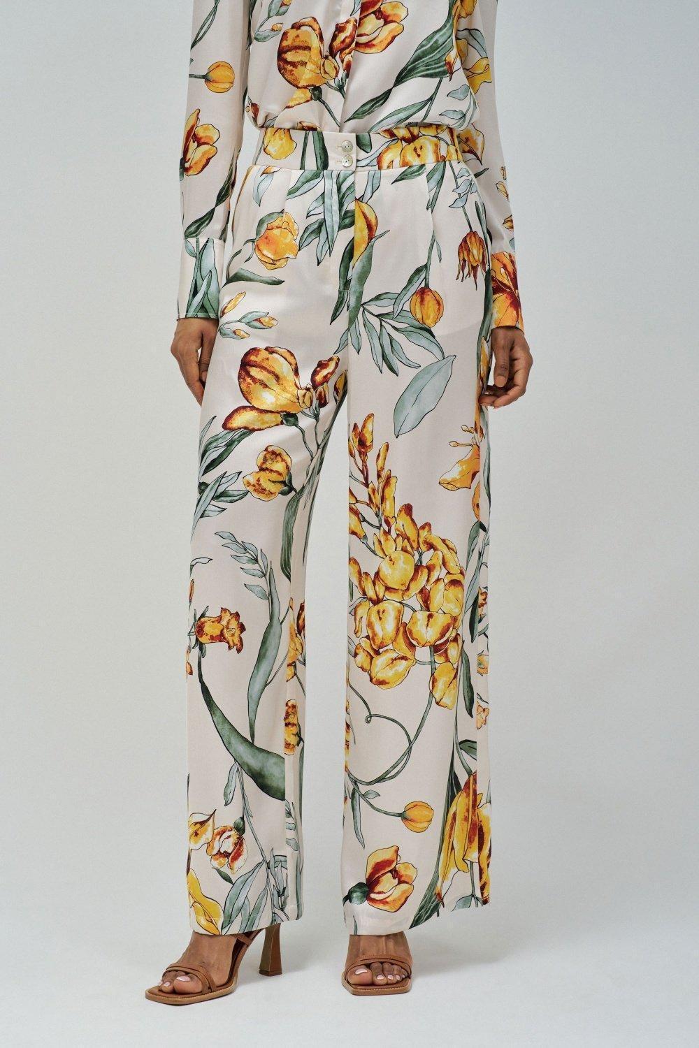 Beige Floral Casual Trousers, , medium