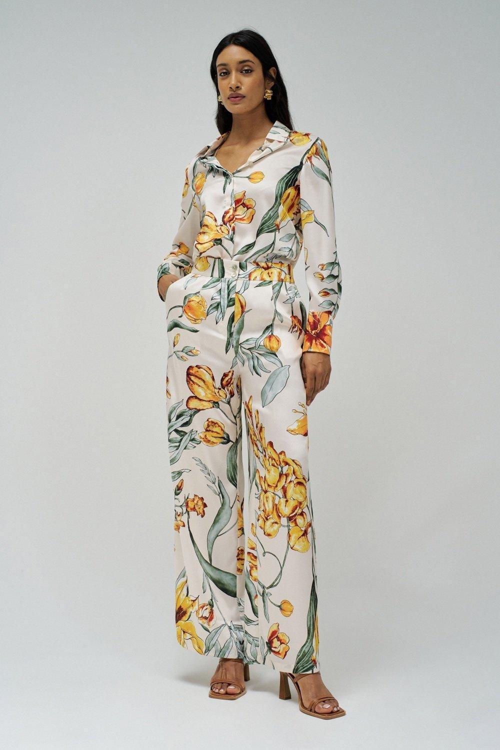 Beige Floral Casual Trousers, , large image number 1