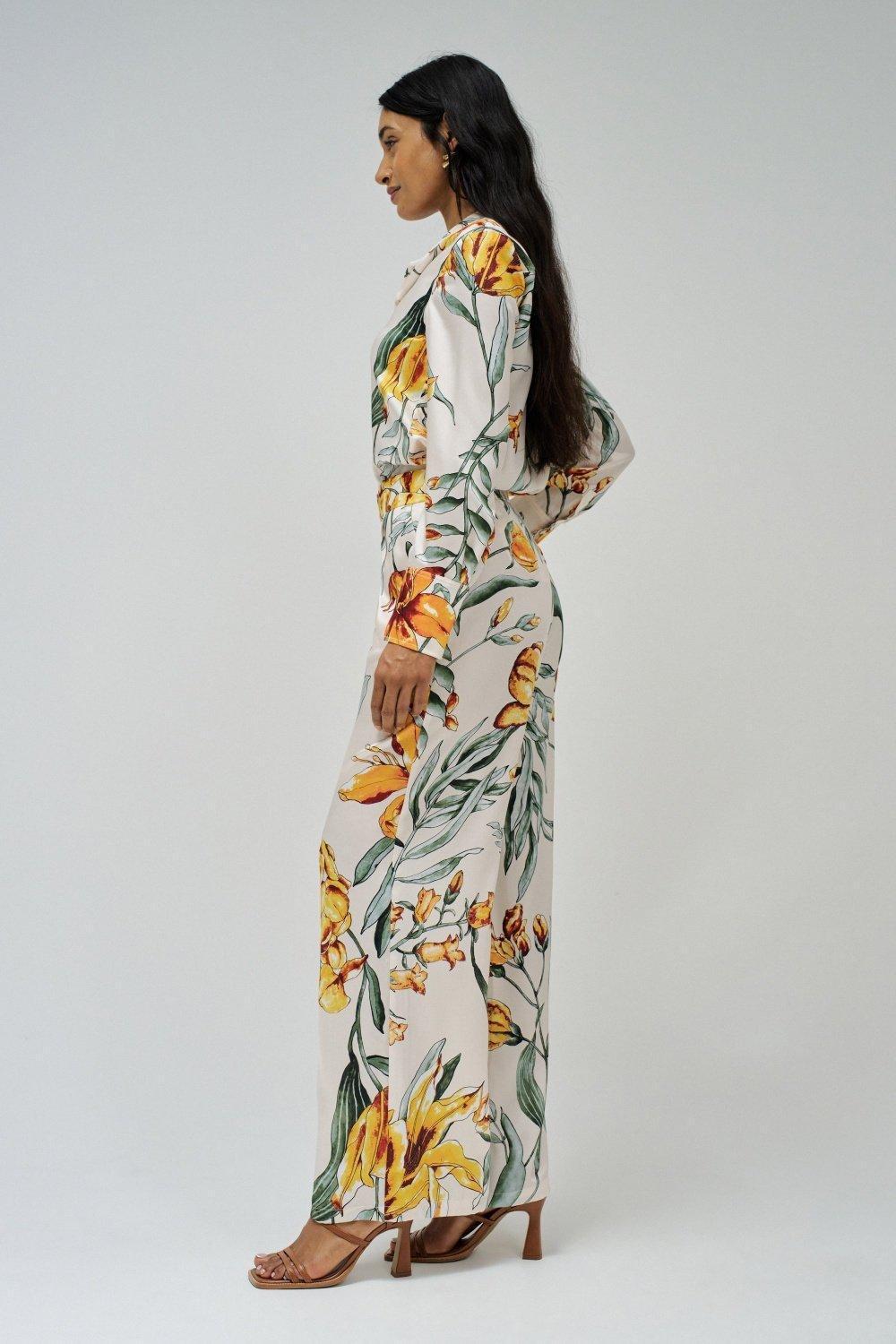 Beige Floral Casual Trousers, , large image number 2