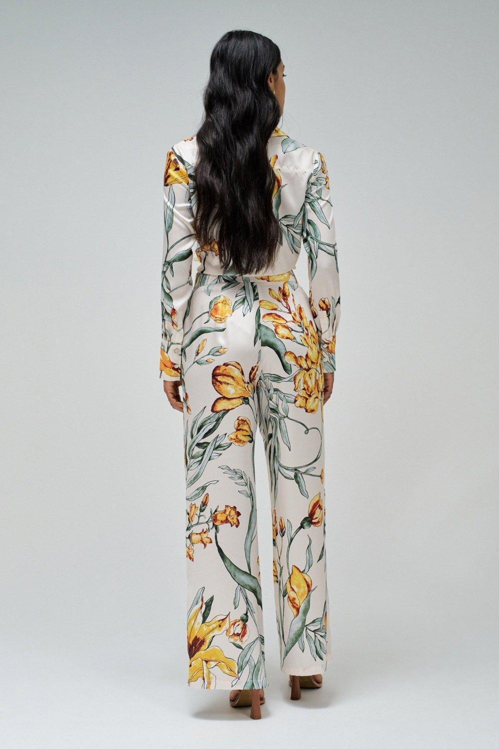 Beige Floral Casual Trousers, , large image number 3