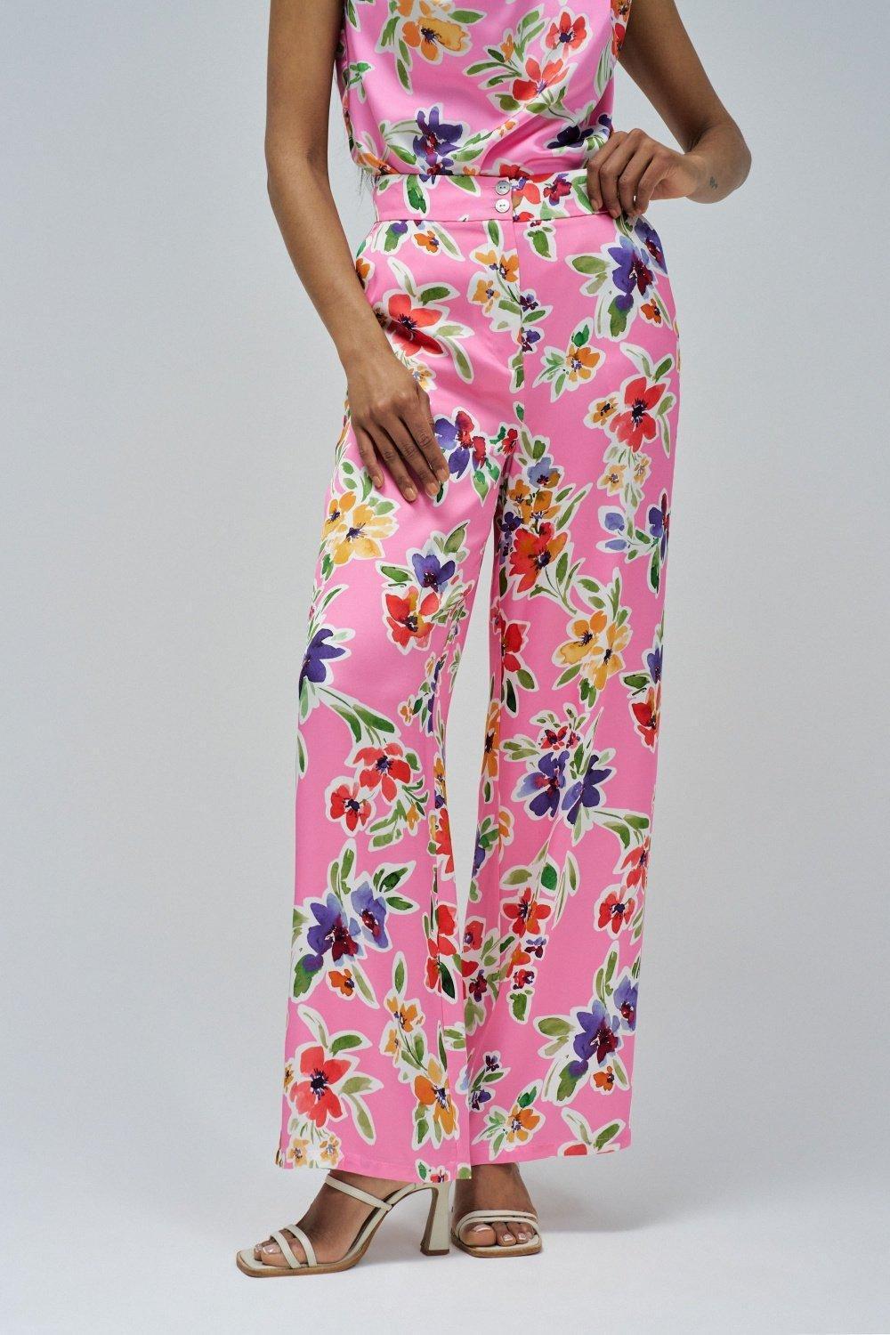 PINK STRAIGHT TROUSERS IN FLORAL FABRIC, , large image number 0