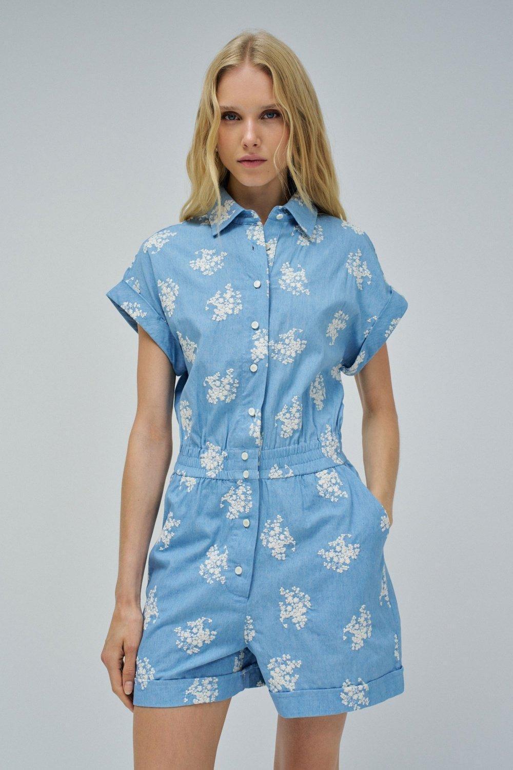 Short Denim Jumpsuit With Embroidery&nbsp;, Blue, medium