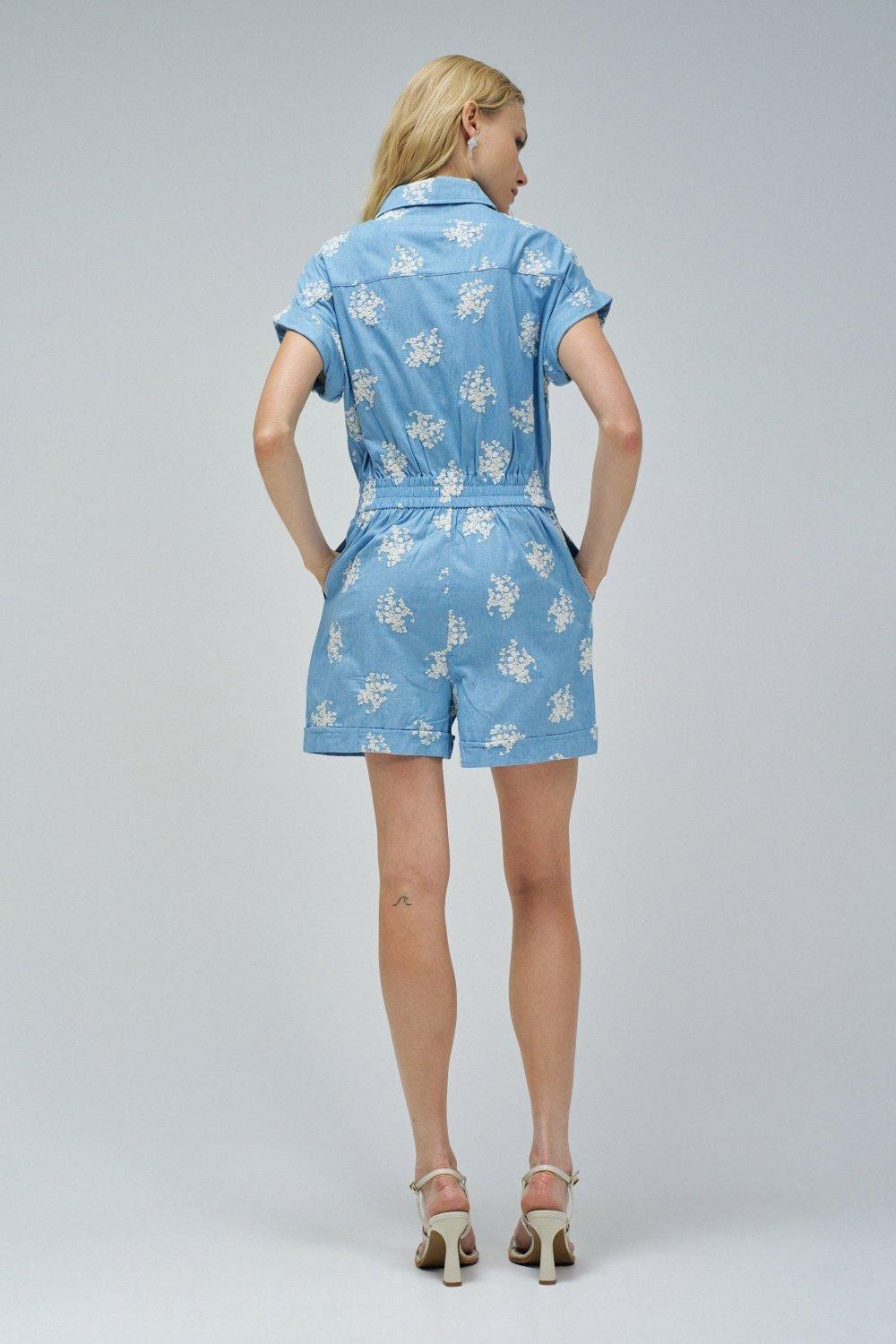 Short Denim Jumpsuit With Embroidery&nbsp;, Blue, large image number 3