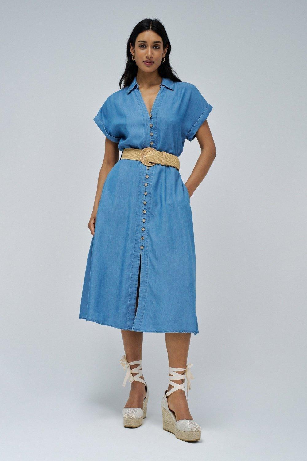 Light Denim Plain Shirt Dress, , medium