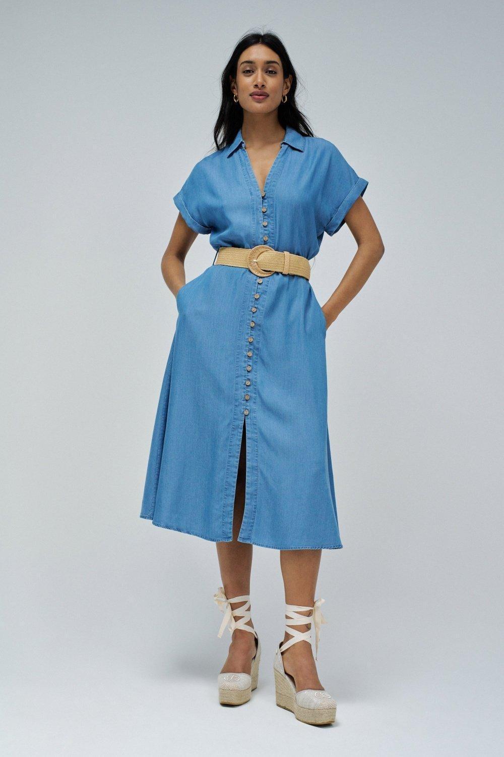 Light Denim Plain Shirt Dress, Blue, medium