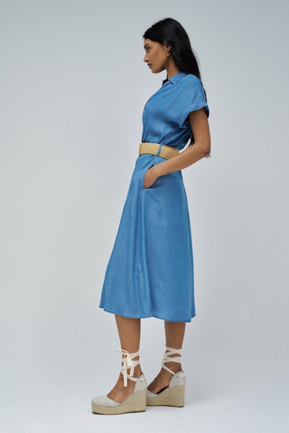 Light Denim Plain Shirt Dress, Blue, medium