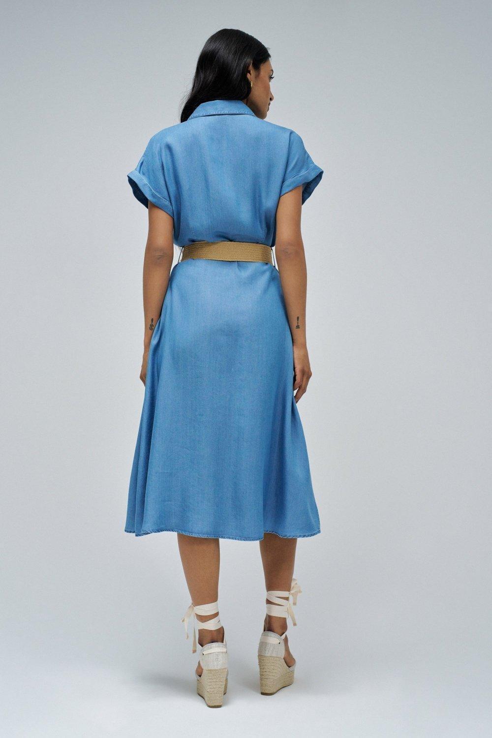 Light Denim Plain Shirt Dress, Blue, large image number 3