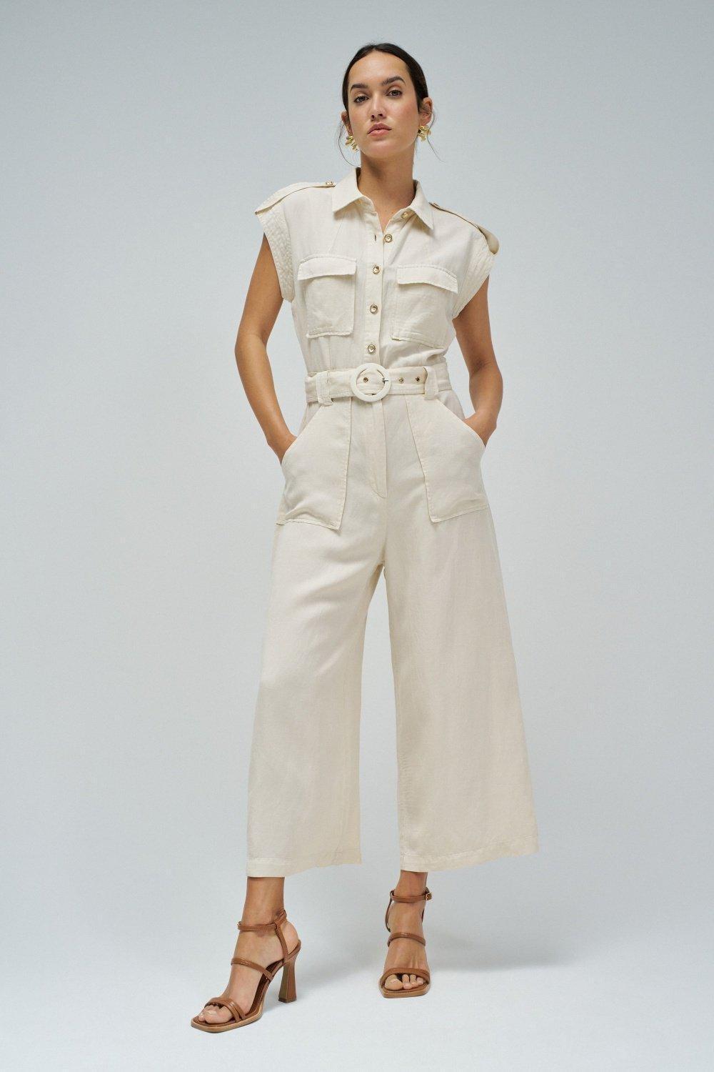 Beige Belted Casual Jumpsuit, , large image number 0