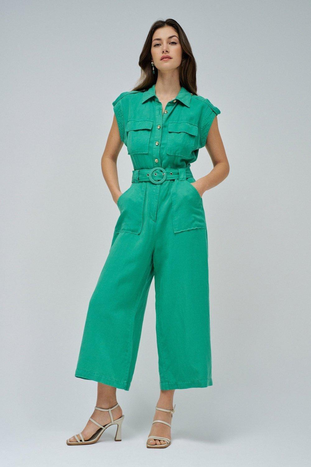 Light Denim Ankle-Length Jumpsuit, Green, medium