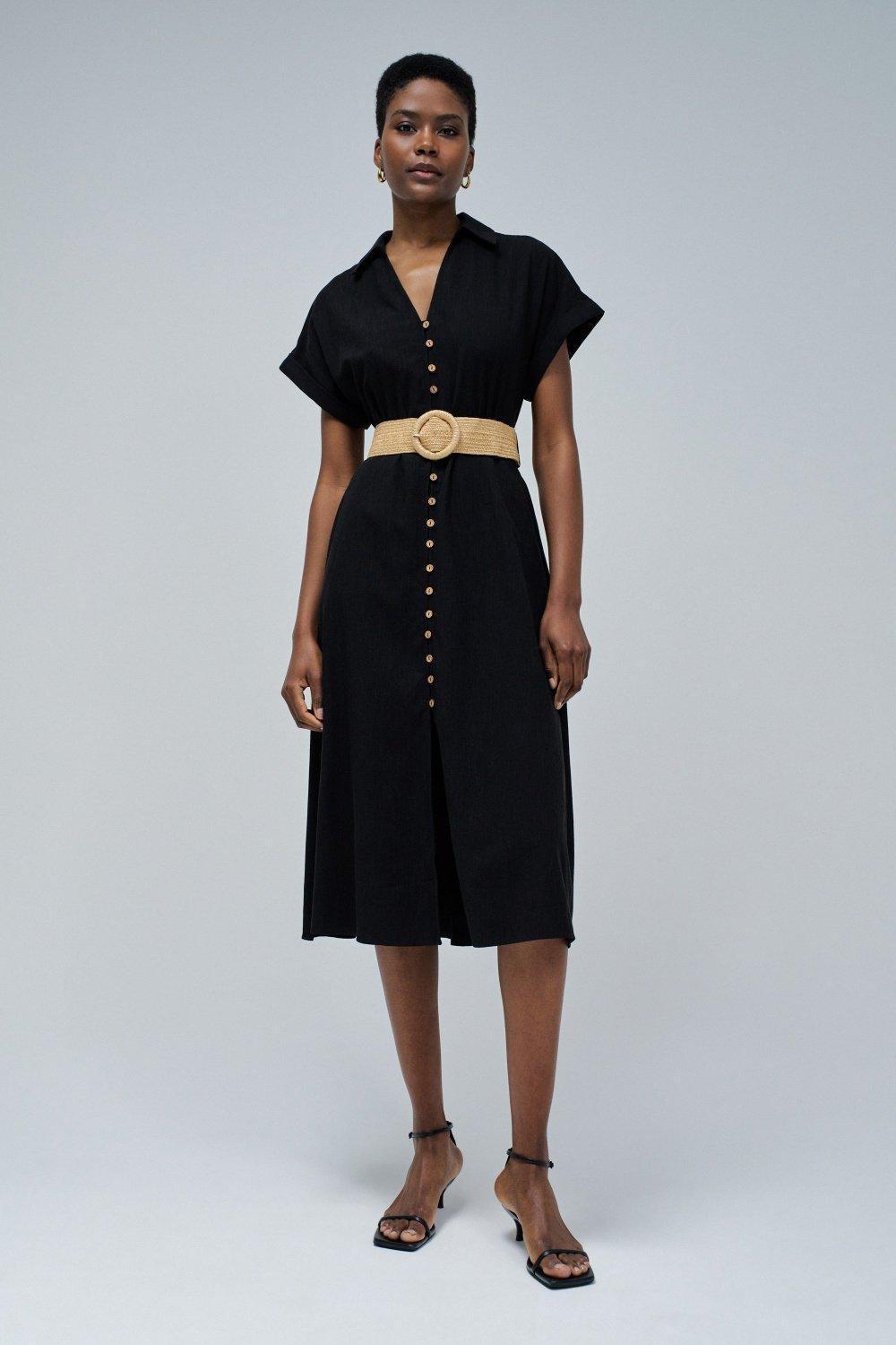 Black Linen Shirt Dress, , medium