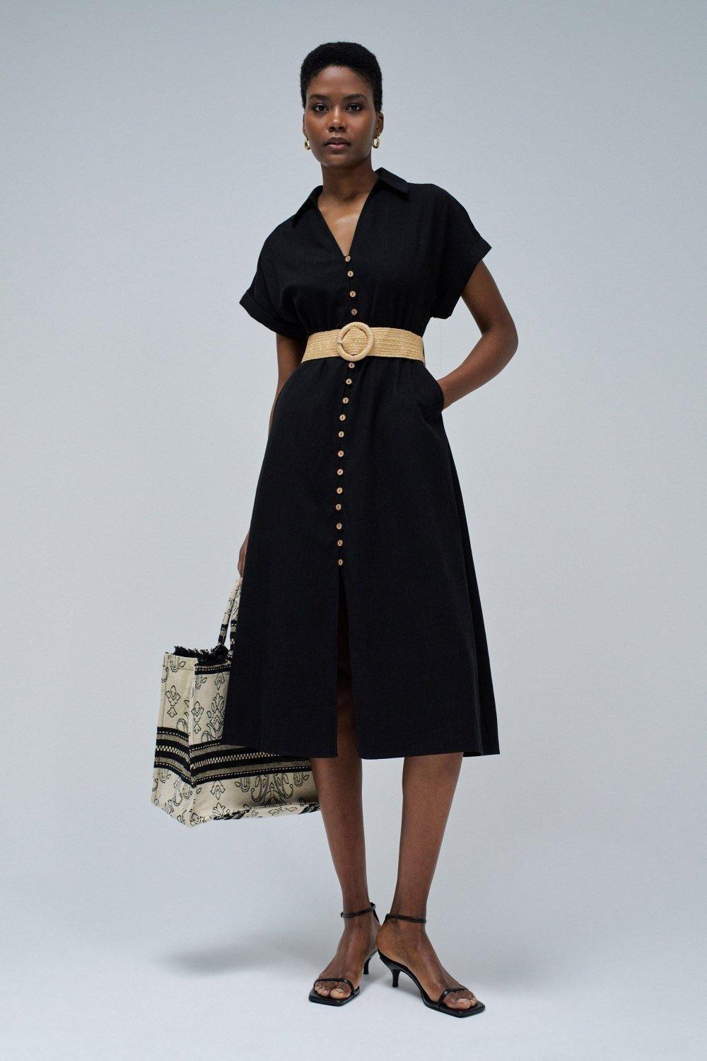 Black Linen Shirt Dress, , large image number 1