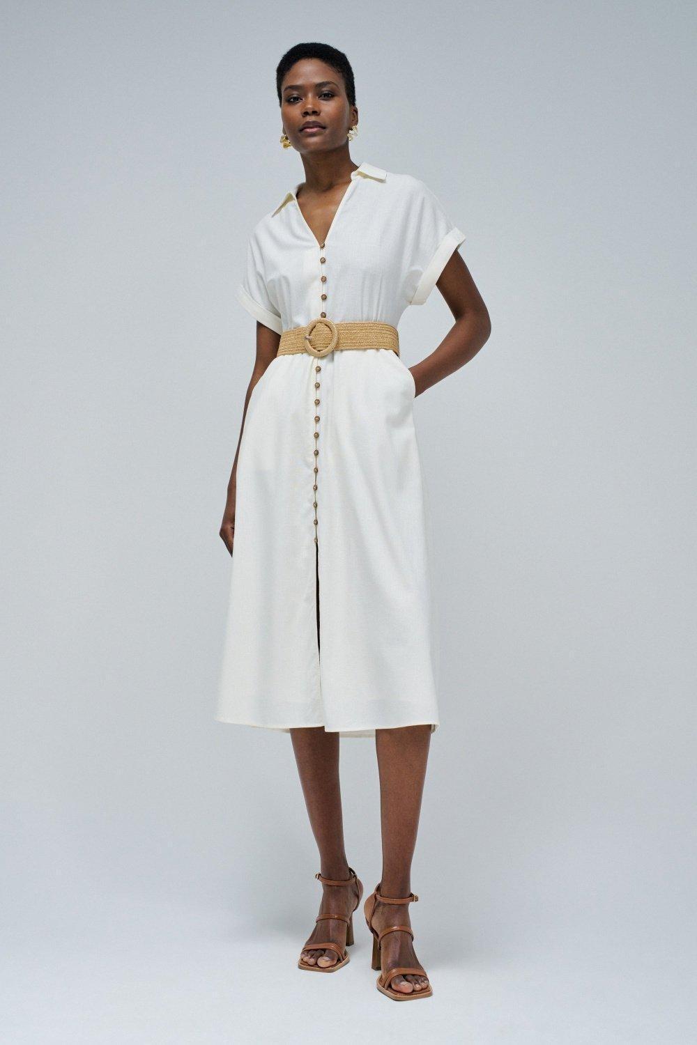White Linen Shirt Dress, , medium