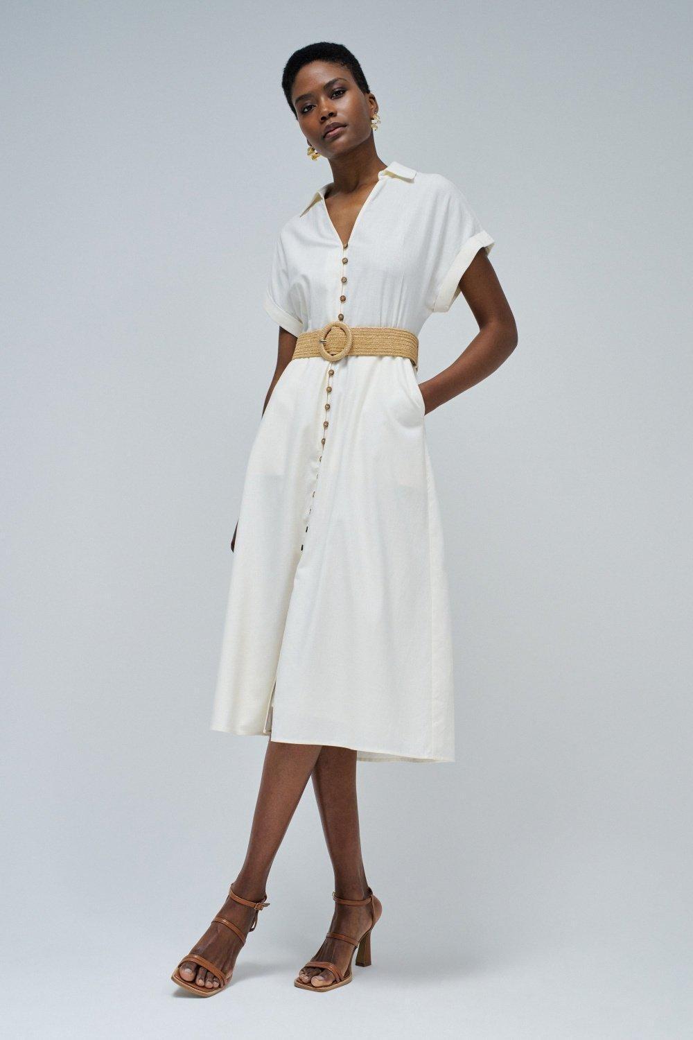 White Linen Shirt Dress, , large image number 1