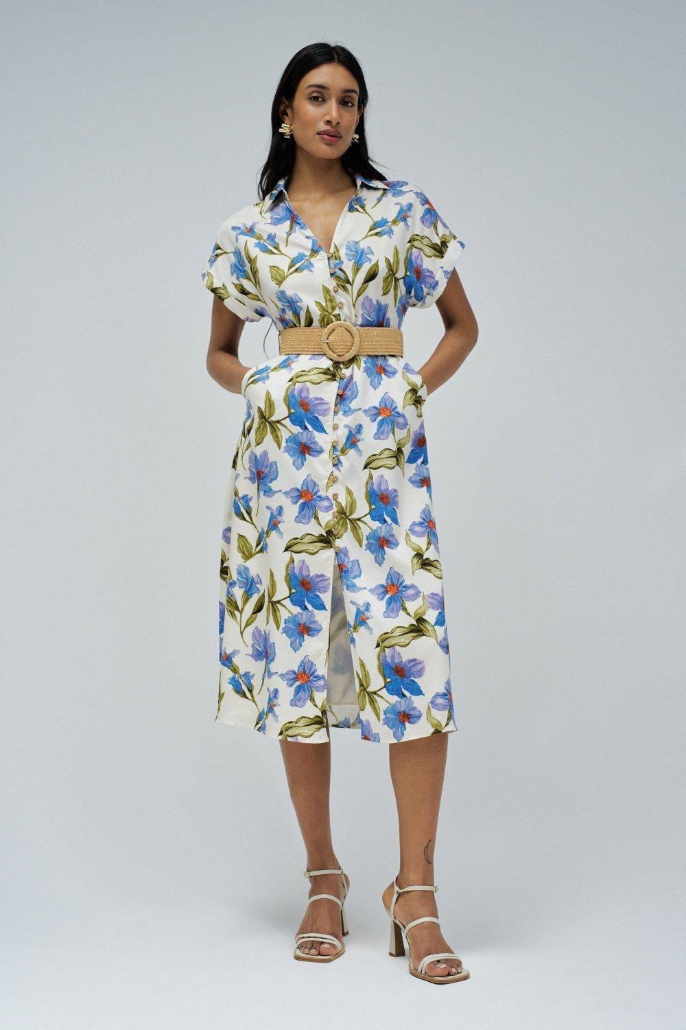 Blue Shirt Dress With Floral Pattern, , large image number 0
