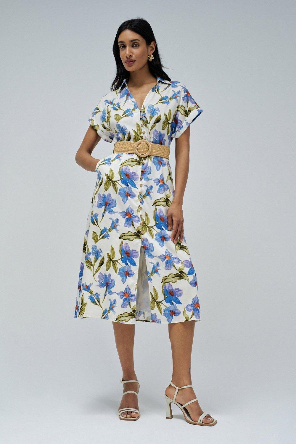 Blue Shirt Dress With Floral Pattern, , large image number 1