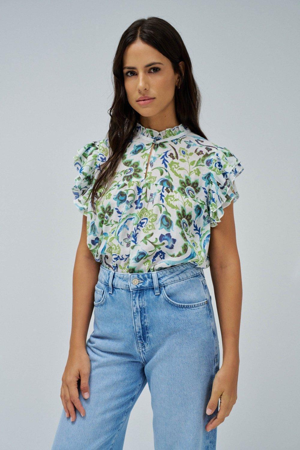 Top With Floral Patter, Turquoise, medium