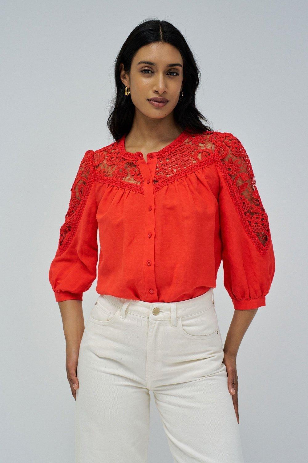 Linen Shirt With Lace&nbsp;, Red, medium