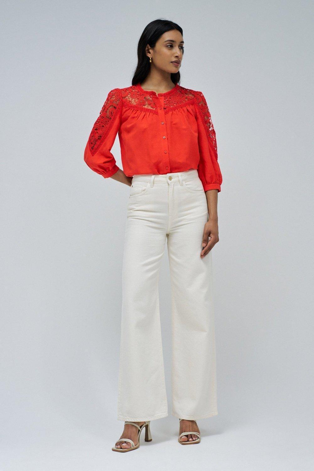 Linen Shirt With Lace&nbsp;, Red, medium