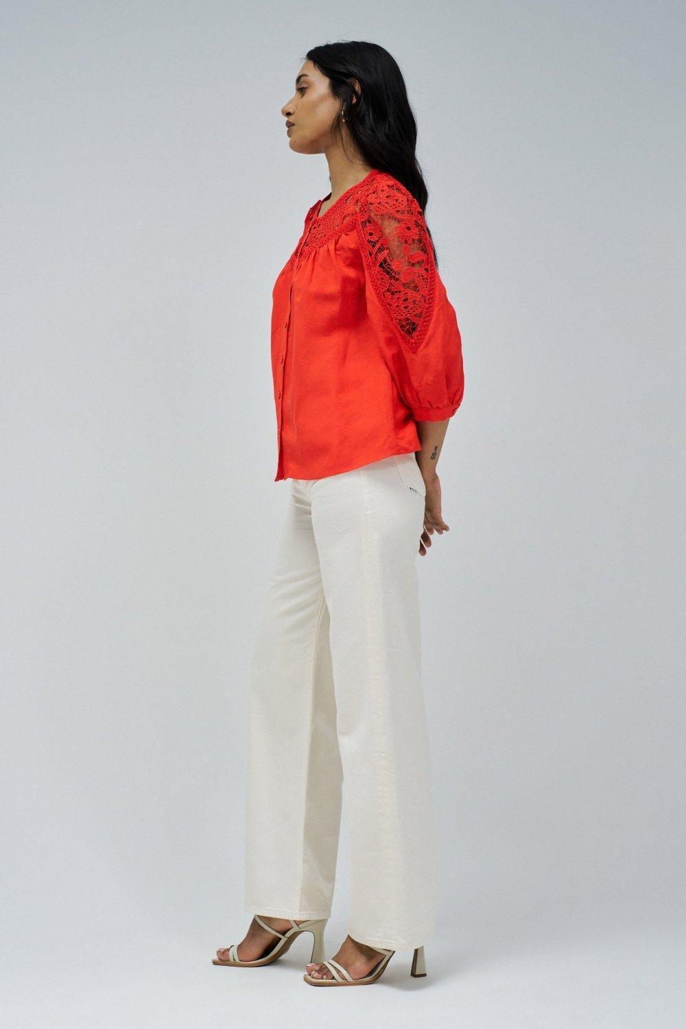 Linen Shirt With Lace&nbsp;, Red, medium