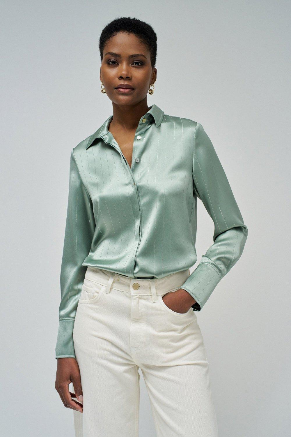 Green Satin Finish Button Down Shirt, , large image number 0
