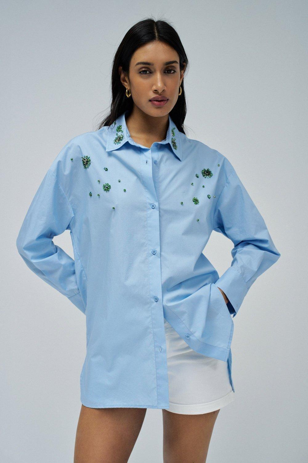 Blue Poplin Shirt With Sparkles, , medium