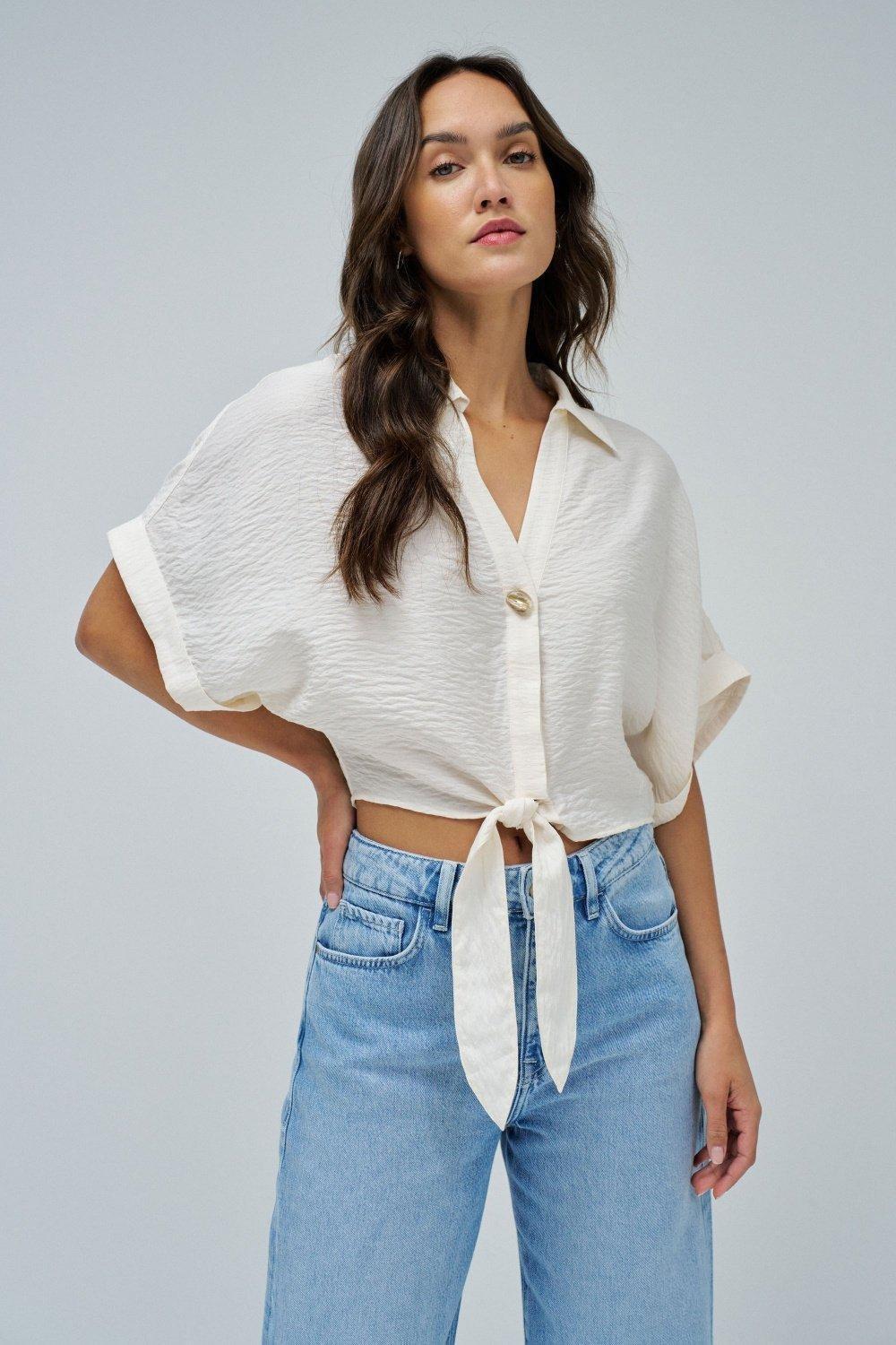 Cream Shirt With Bow At The Hem, , large image number 0