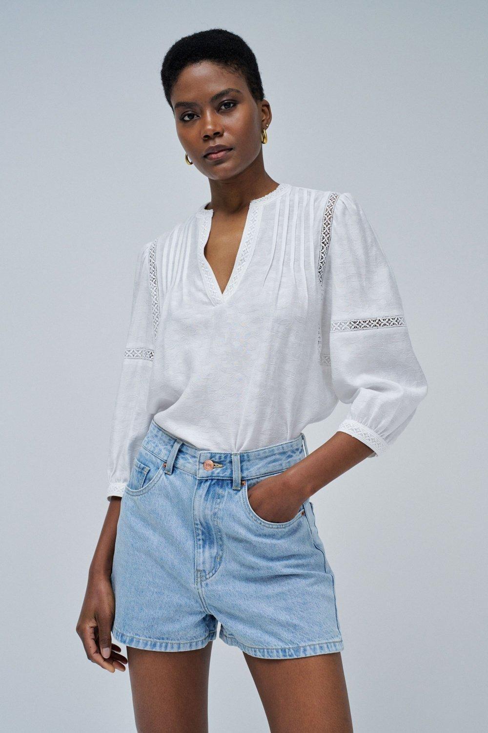 Jacquard Embroidered Blouse, White, large image number 0