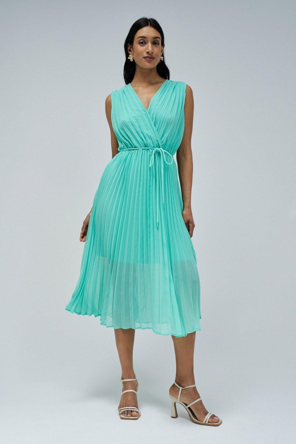 Green Pleated Dress With Belt, , medium