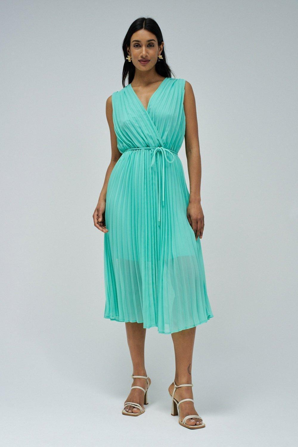 Green Pleated Dress With Belt, , large image number 1