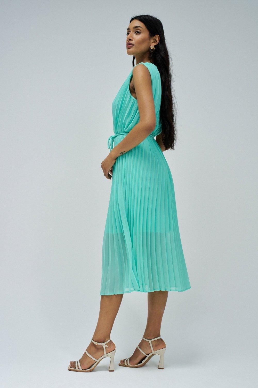 Green Pleated Dress With Belt, , large image number 2