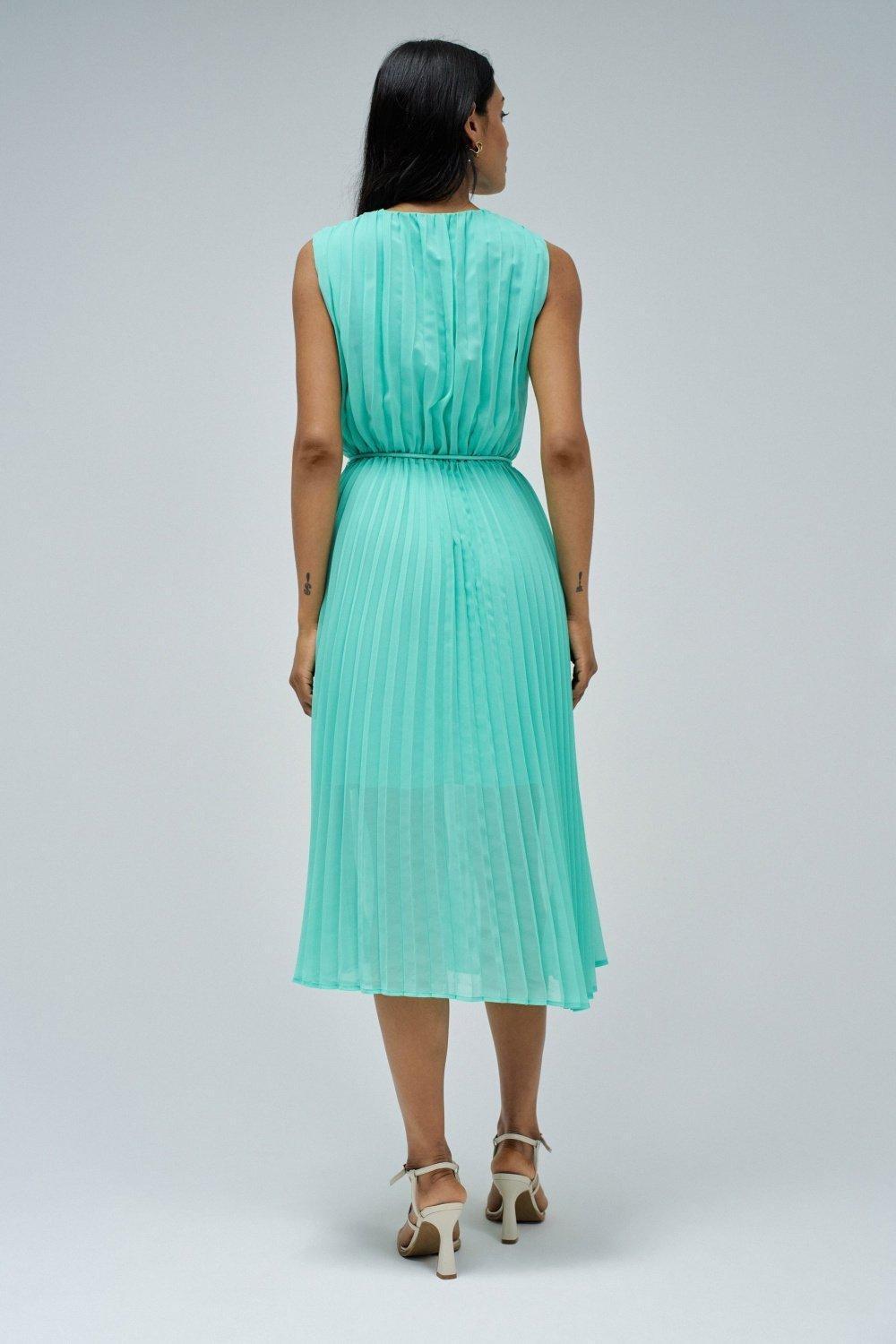 Green Pleated Dress With Belt, , large image number 3