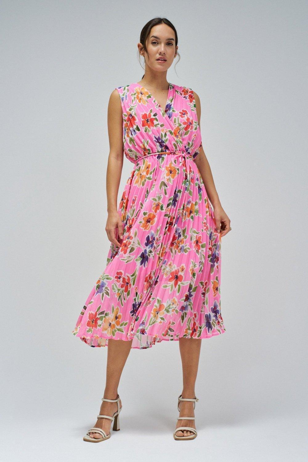 Pink Pleated Dress With Floral Pattern, , large image number 0