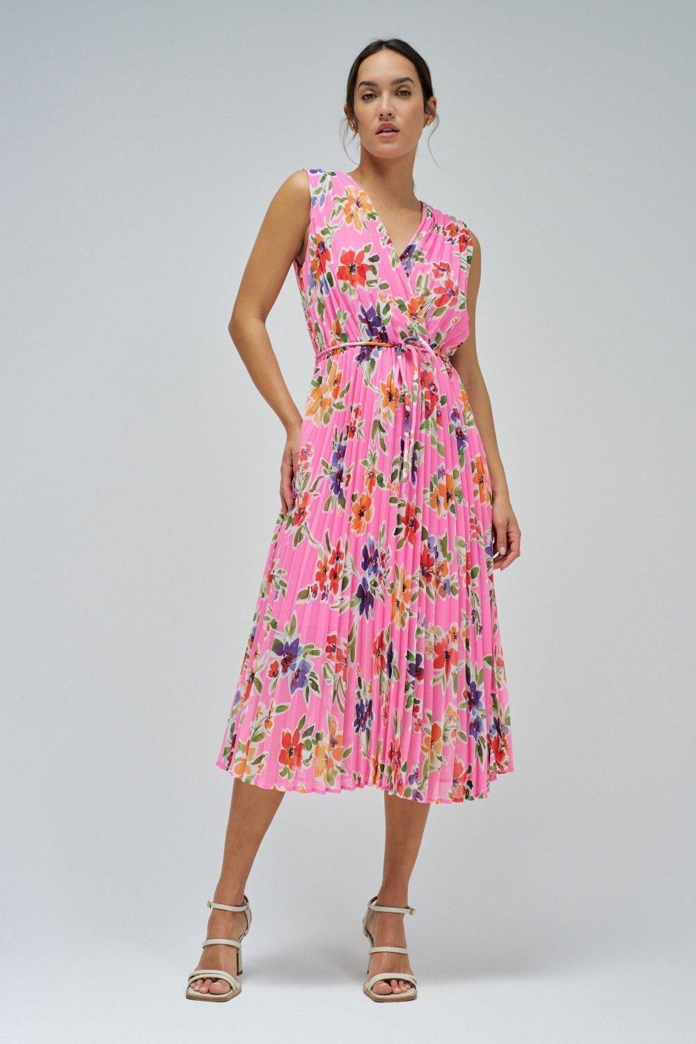Pink Pleated Dress With Floral Pattern, , large image number 1