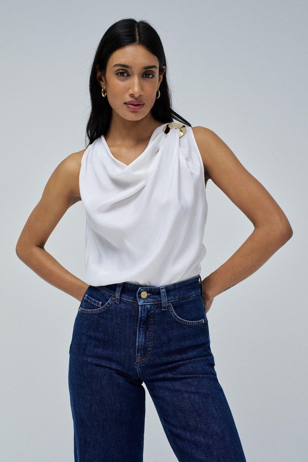 White Draped Top With Metallic Detail, , large image number 0
