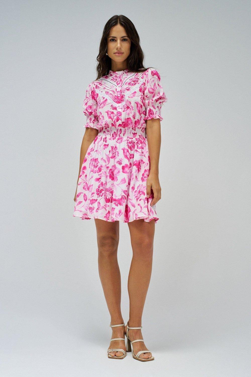 Short Dress With Floral Print, White, medium