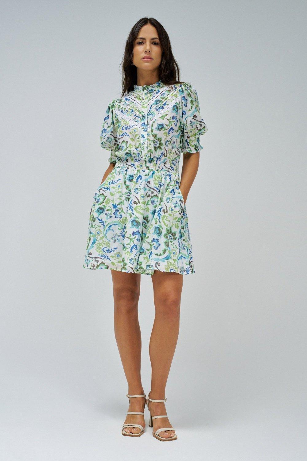 Short Dress With Floral Print, Turquoise, medium