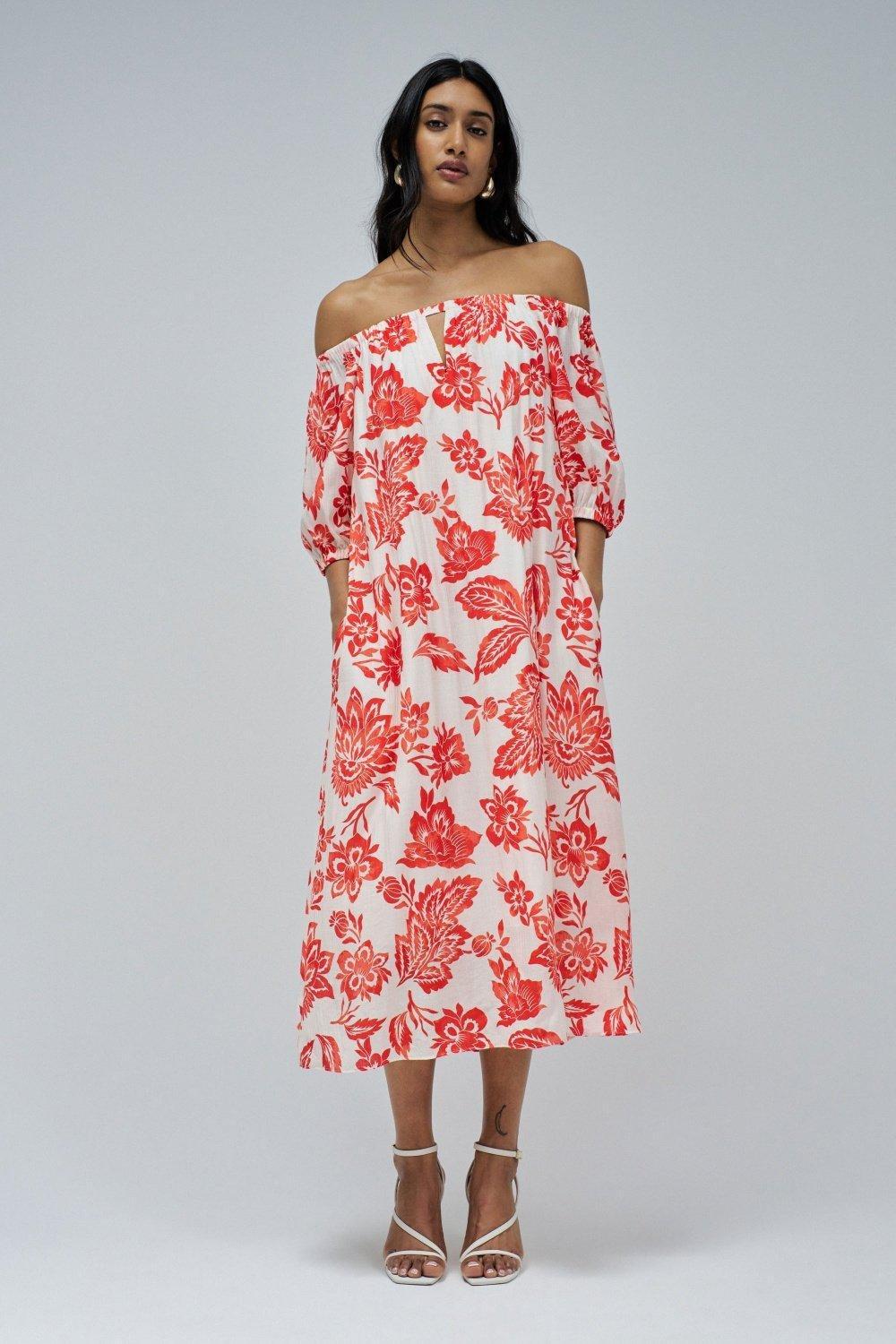 Off-Shoulder Floral Bardot Midi, , large image number 1