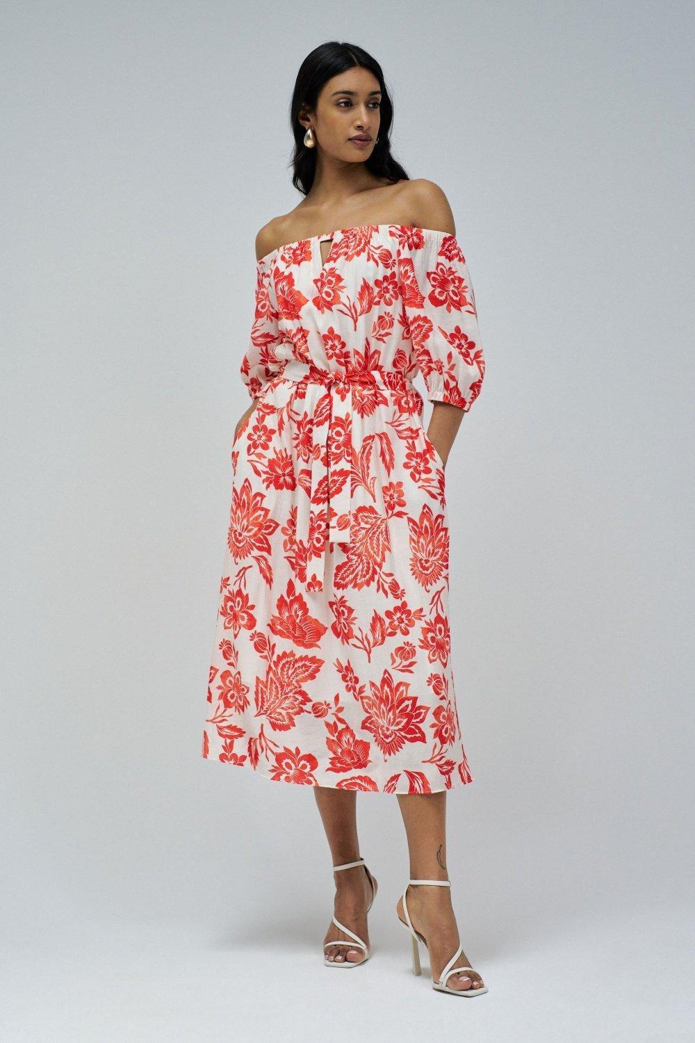 Off-Shoulder Printed Dress&nbsp;, Red, medium