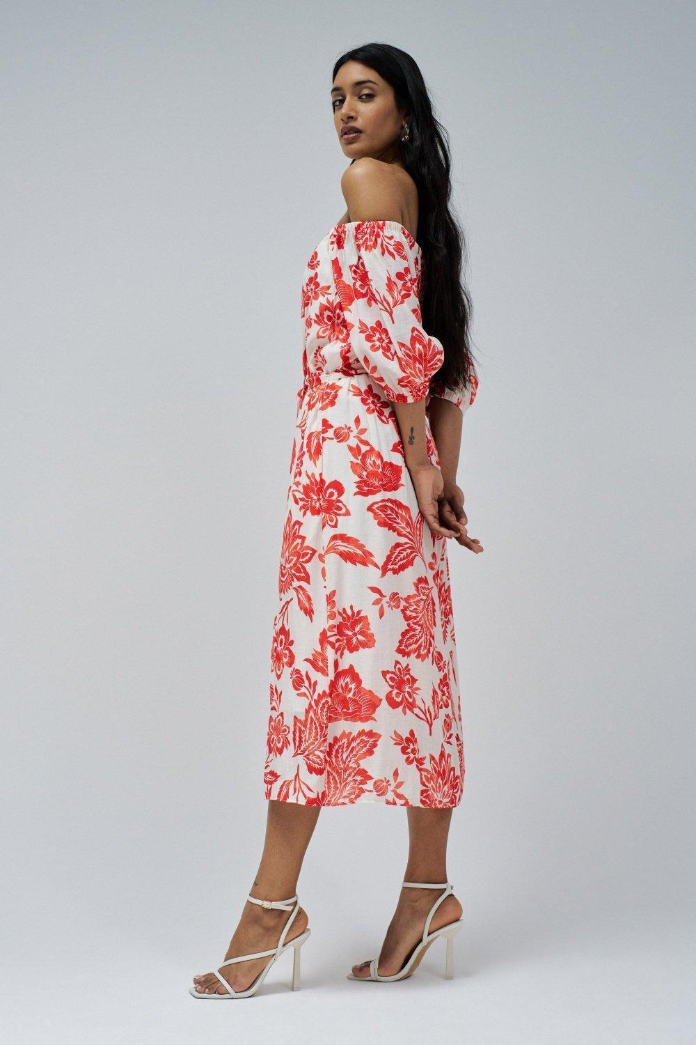 Off-Shoulder Printed Dress&nbsp;, Red, medium