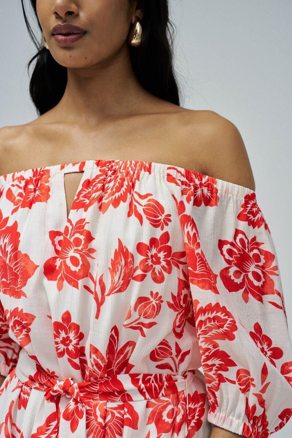 Off-Shoulder Printed Dress&nbsp;, Red, large image number 4