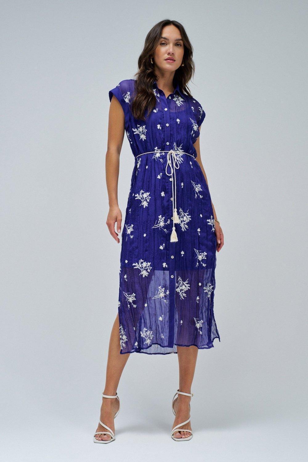 Shirt Dress With Embroidery , Blue, medium