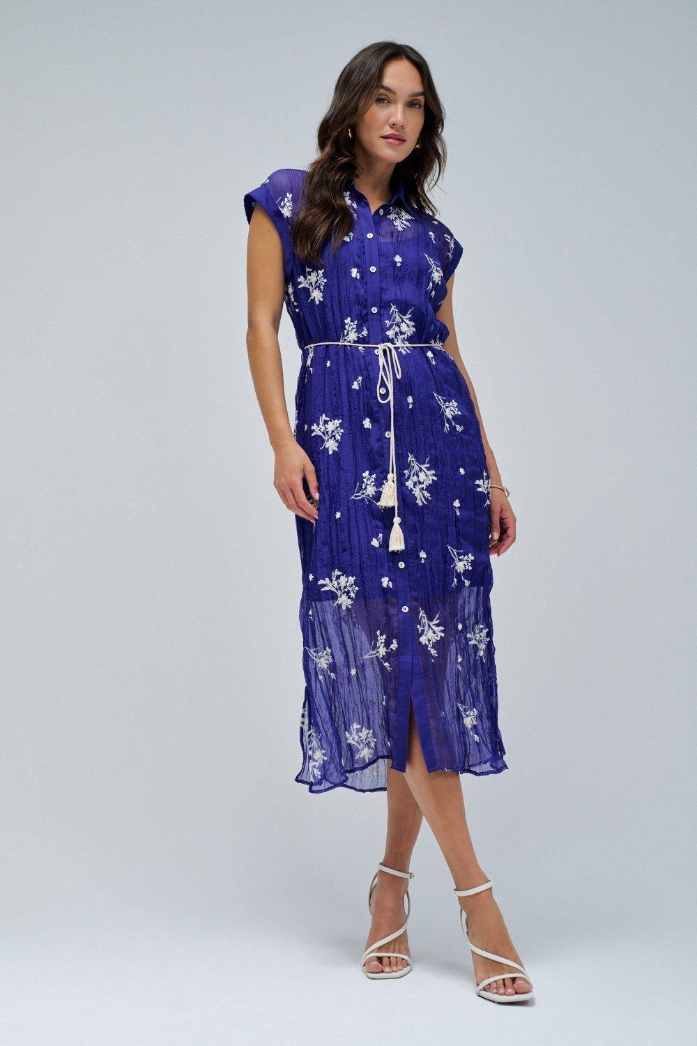 Shirt Dress With Embroidery , Blue, large image number 1